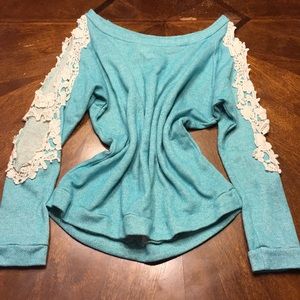 Wide Neck Lace Cold Shoulder/Arm Teal Sweatshirt